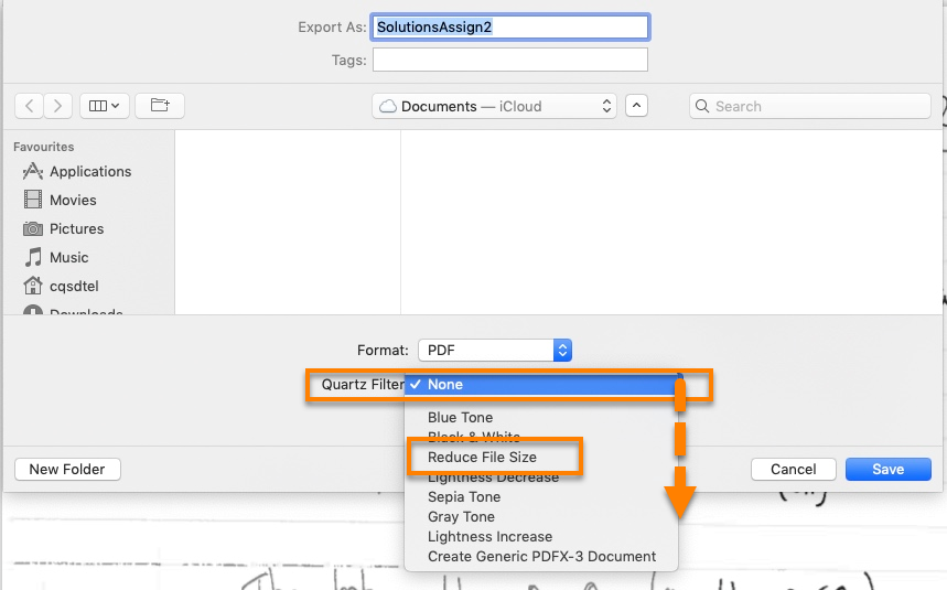 Screenshot showing the Apple dialogue window for saving in PDF format, with Reduce File Size selected