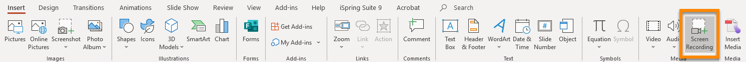 The PowerPoint Ribbon open on the Insert tab, with Screen Recording highlighted